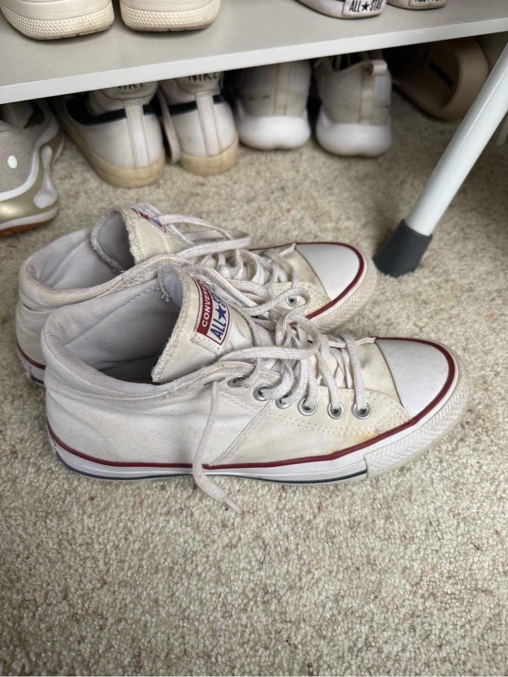 Converse All Star Mid-Top Sneakers in White with Red Stripe